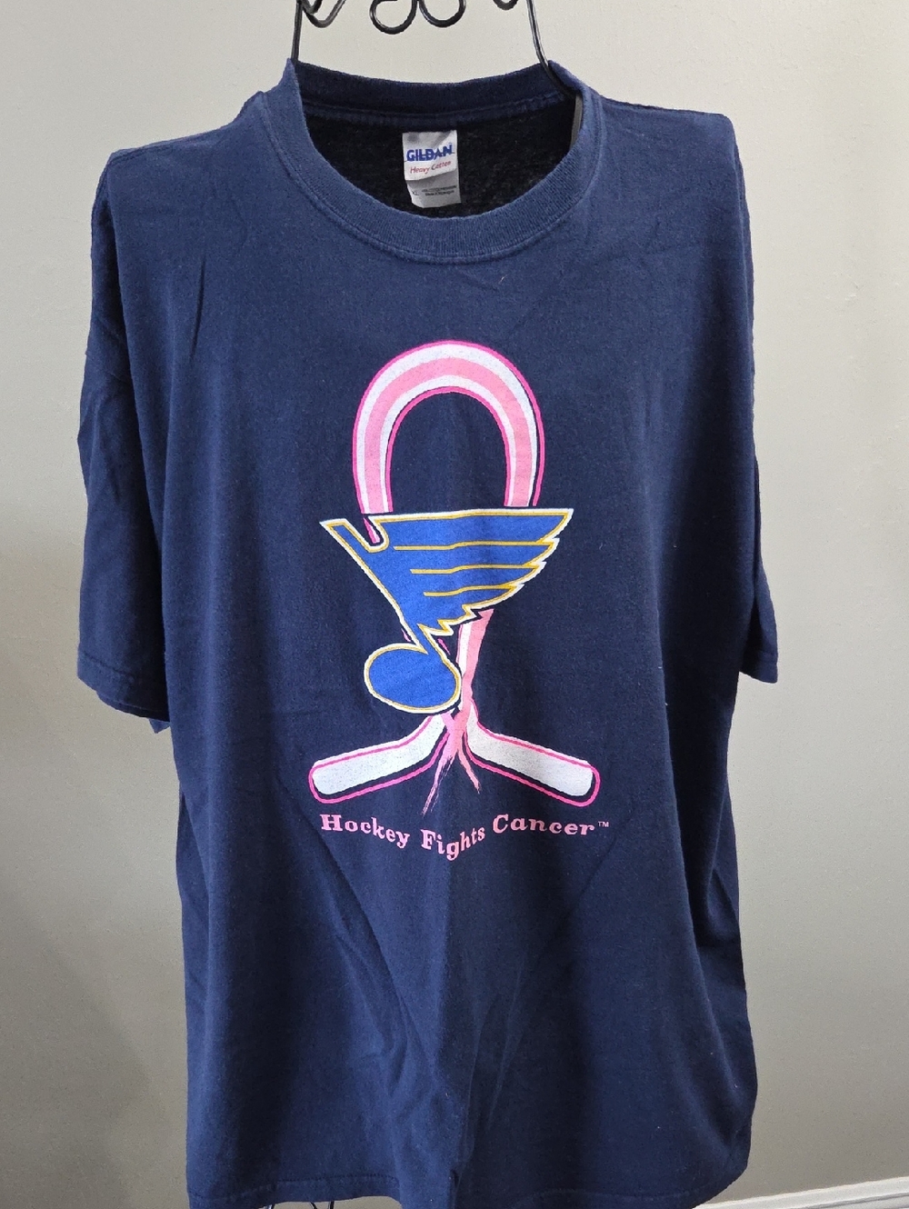 Gildan Navy T-Shirt with Pink Ribbon and Blue Hockey Logo